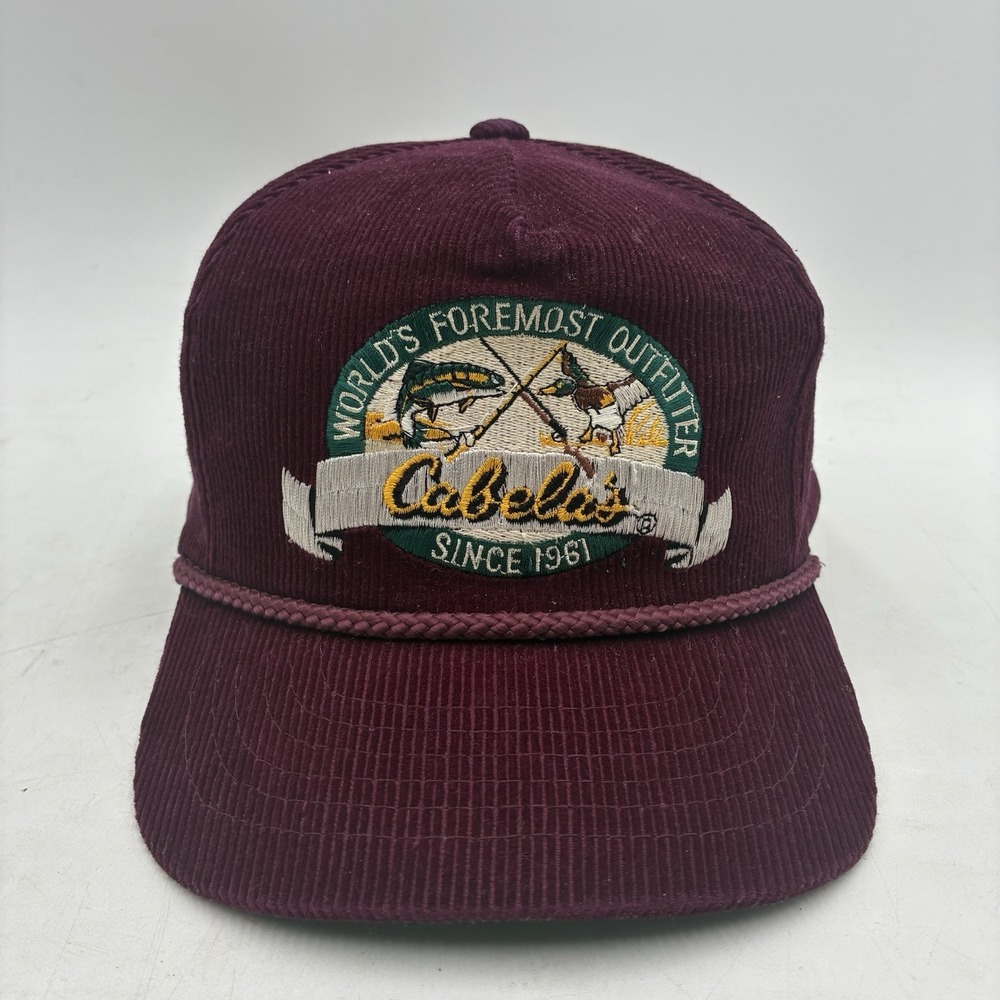 Vintage Cabelas Corduroy Hat Rope Snapback Maroon Fish Hunting Yupoong Korea Cap